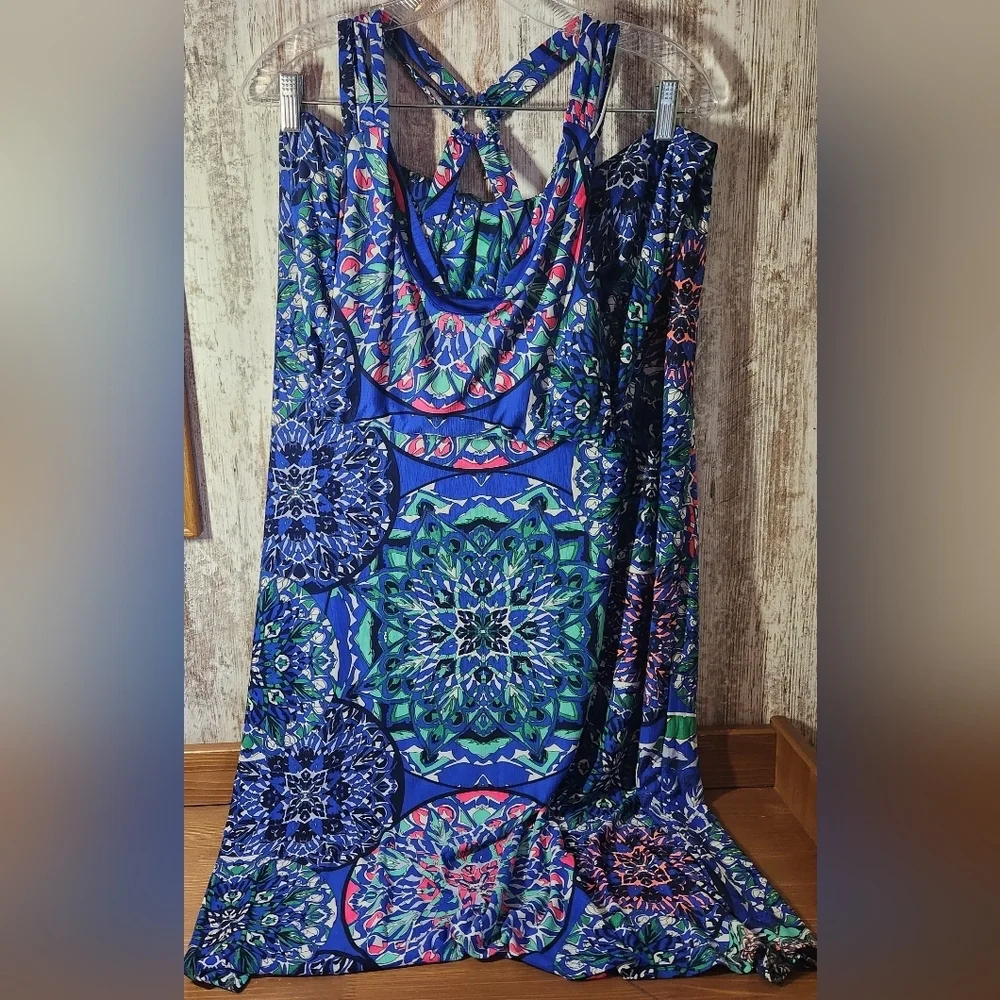 Vibrant Patterned Maxi Dress in Blue and Green